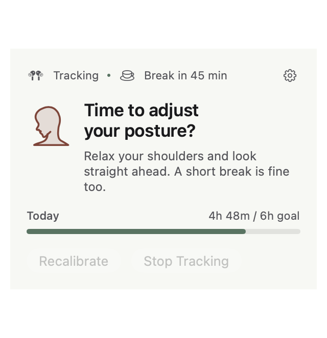 Menu bar panel: tracking, break in 45 minutes, 4h 48m of a 6h goal today